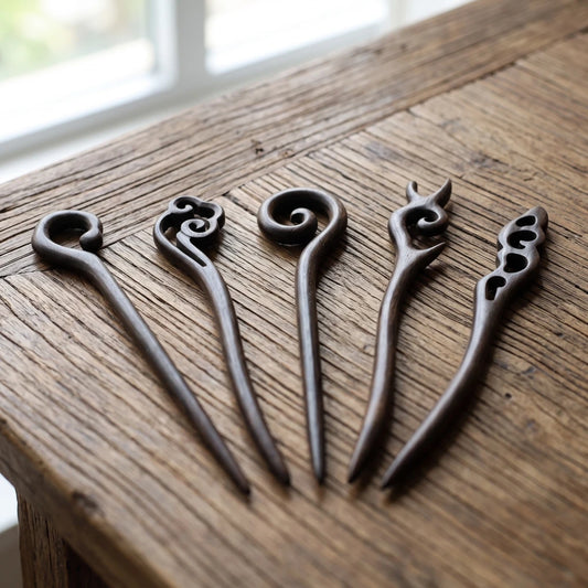 Pic à cheveux bois de santal, plusieurs modèles à têtes sculptées variées, présentés en éventail sur bois