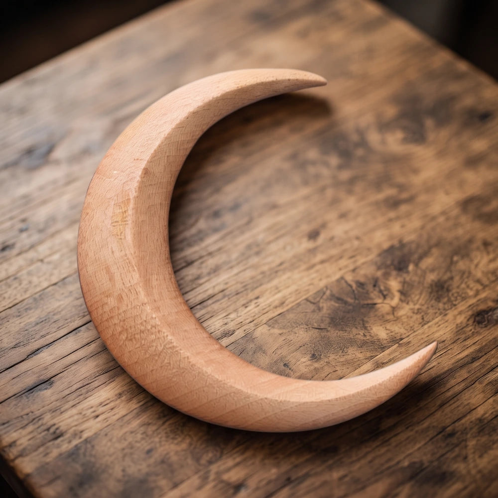 Pic à cheveux croissant de lune en bois naturel beige, grand format sculpté