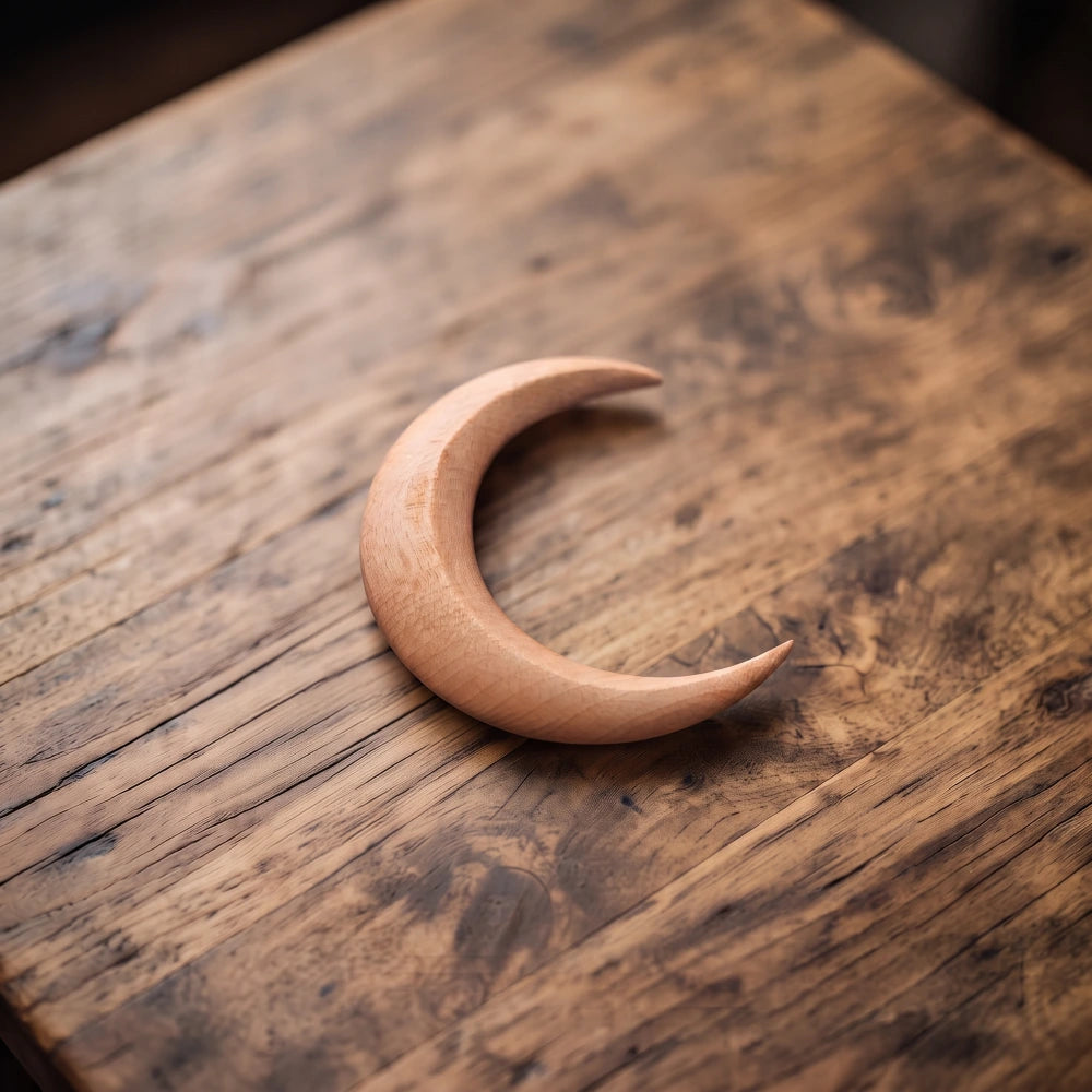 Pic à cheveux croissant de lune en bois naturel beige, petit format sculpté