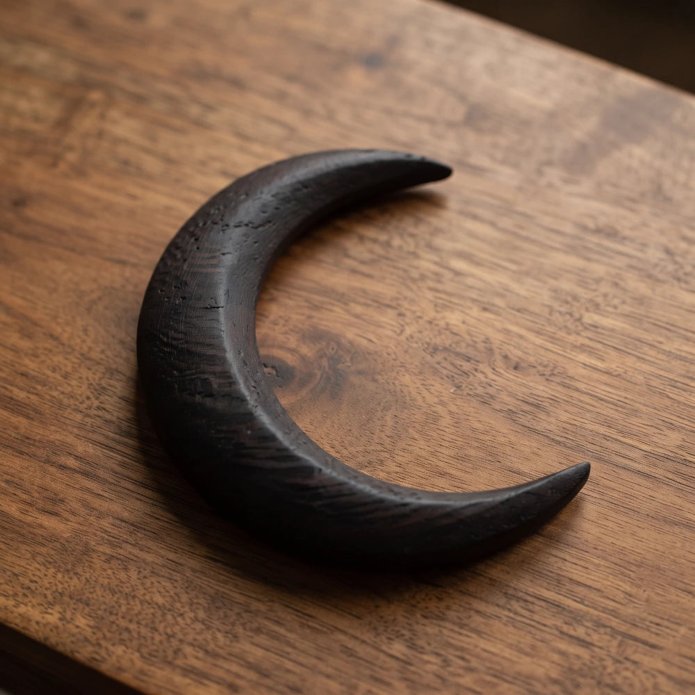 Pic à cheveux croissant de lune en bois noir ébène, grand format texture mate