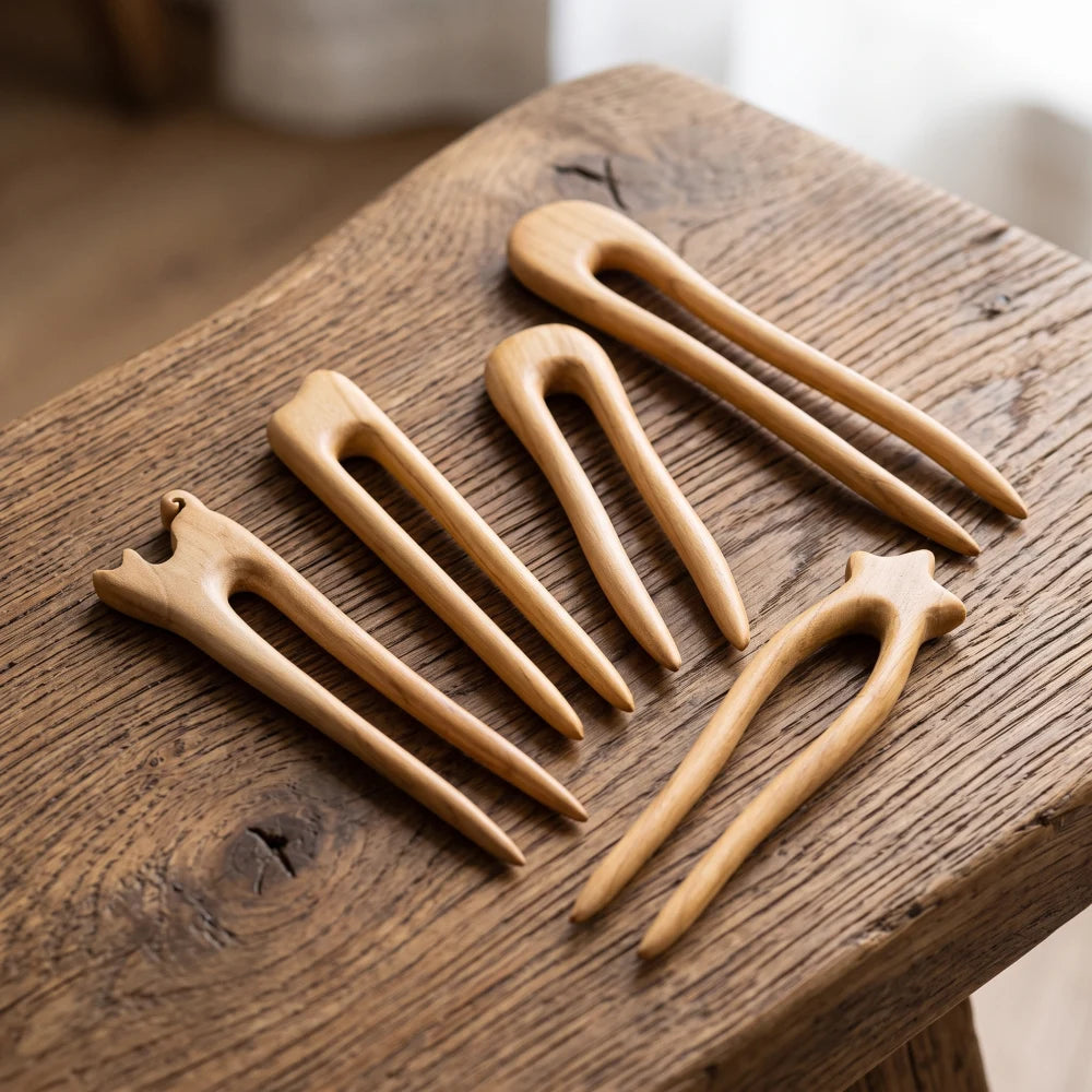 Pics à cheveux en U en bois de pêcher massif, 5 modèles style ancien têtes sculptées