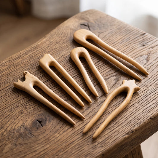 Pics à cheveux en U en bois de pêcher massif, 5 modèles style ancien têtes sculptées