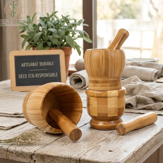 Pilon et mortier en bambou, deux tailles mises en scène sur une table en bois avec plantes