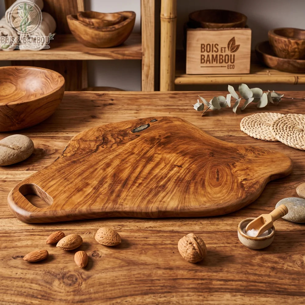 Planche à découper en teck massif à la forme libre sculptée à la main, posée dans une cuisine