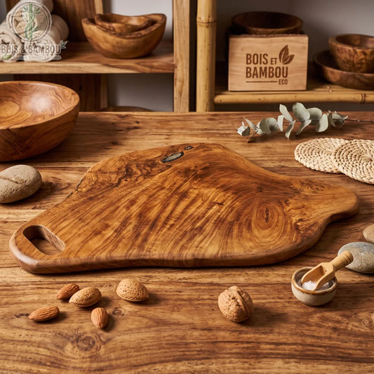 Planche à découper en teck massif à la forme libre sculptée à la main, posée dans une cuisine