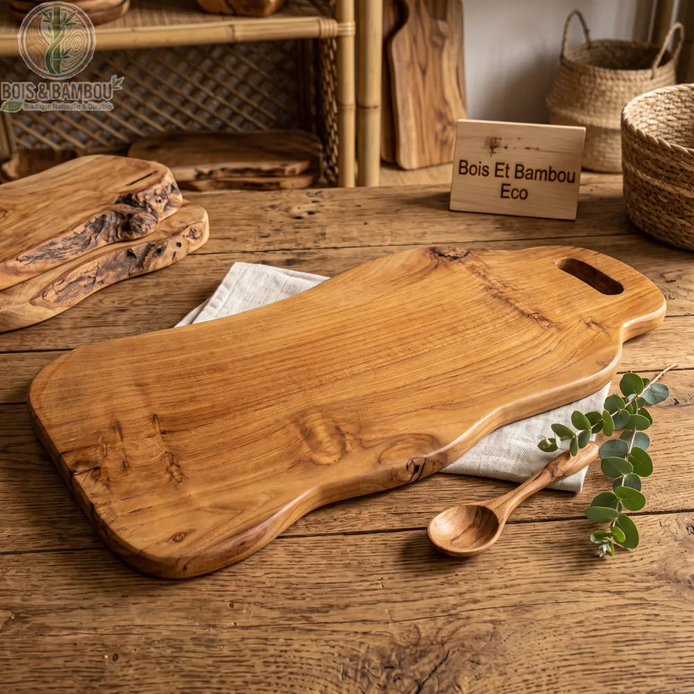 Grande planche à découper en teck massif à la forme libre sculptée à la main, posée dans une cuisine