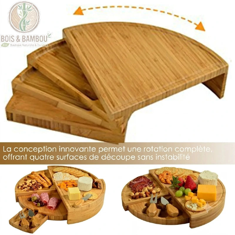 Planche à fromage bambou 4 plateaux rotatifs éventail rotation 360° conception