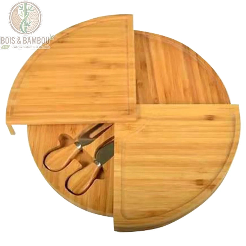 Planche fromage bambou ronde tiroir coulissant ouvert ustensiles inox vue dessus