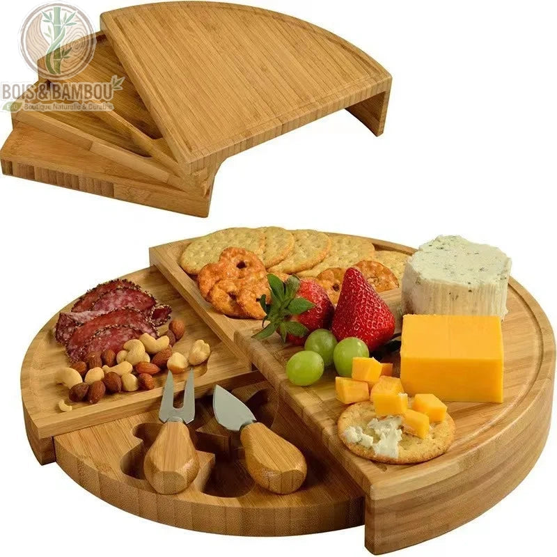Planche à fromage bambou ronde 4 plateaux déployés fromages charcuterie apéritif