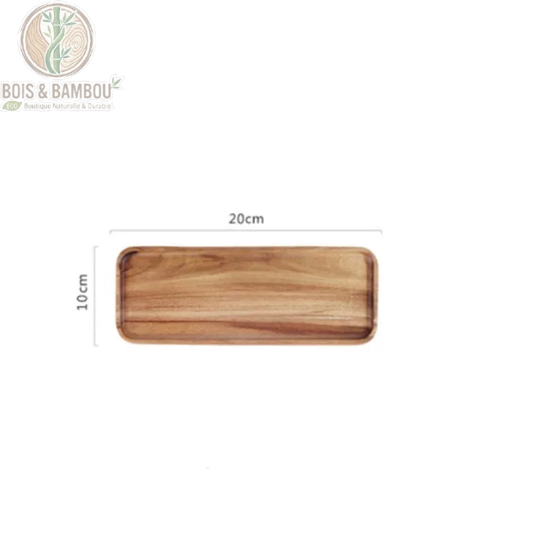 Plateau bois acacia naturel rectangulaire 20x10cm dimensions fond blanc - Bois et Bambou Eco