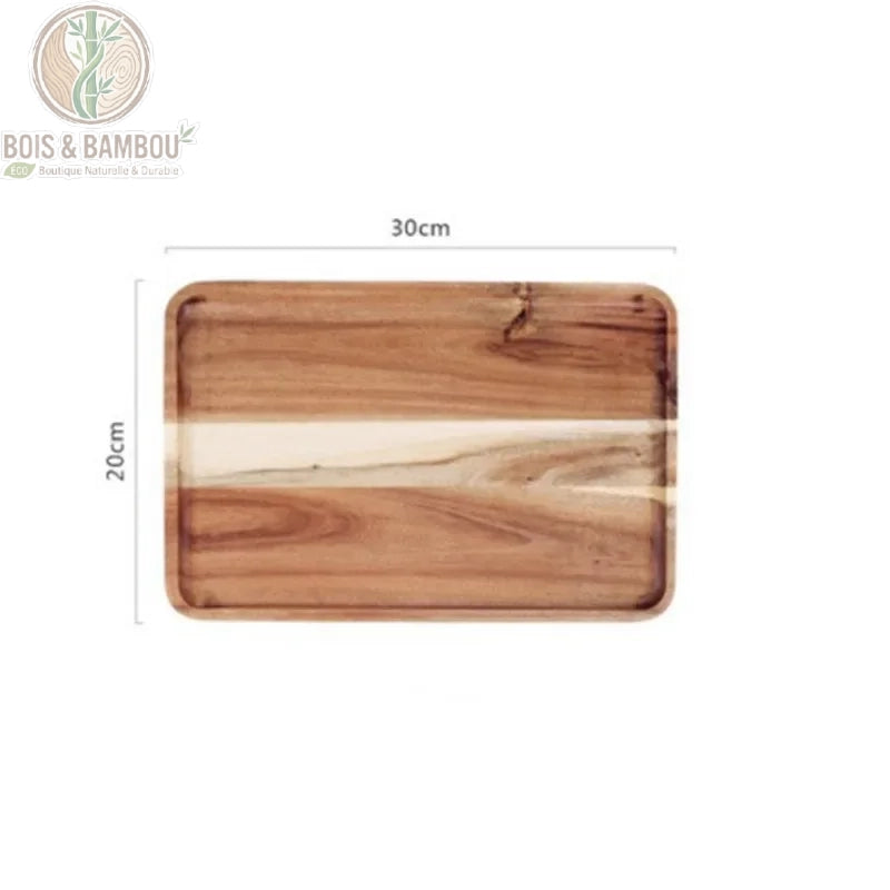 Plateau bois acacia naturel rectangulaire 30x20cm vue technique fond blanc - Bois et Bambou Eco