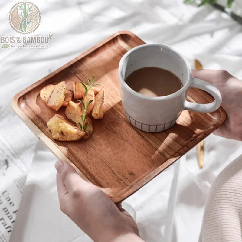 Plateau bois acacia naturel rectangulaire petit-dejeuner mug cafe croissant - Bois et Bambou Eco