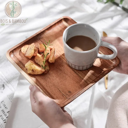 Plateau bois acacia naturel rectangulaire petit-dejeuner mug cafe croissant - Bois et Bambou Eco