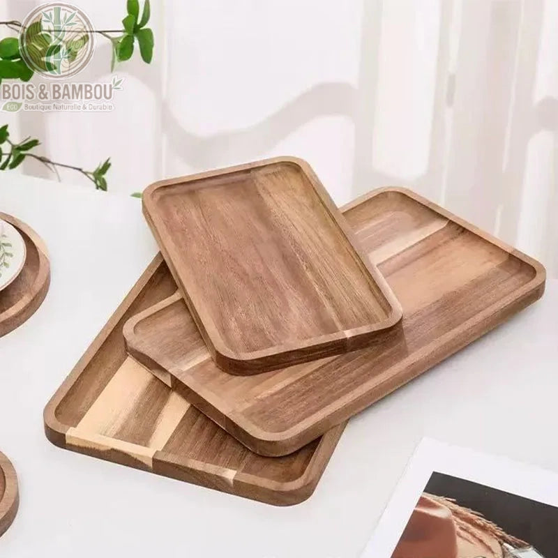 Plateau en bois d'acacia naturel rectangulaire set 3 tailles empiles fond blanc - Bois et Bambou Eco