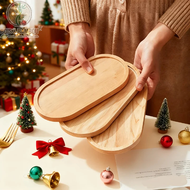 Plateau decoratif bambou ovale 3 pieces empilees tenues en mains decor de Noel cadeau naturel, Bois et Bambou Eco.
