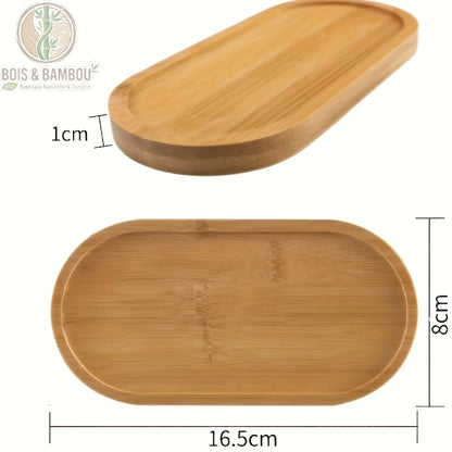 Plateau decoratif bambou ovale dimensions 16,5x8x1cm vue dessus et profil fond blanc, Bois et Bambou Eco