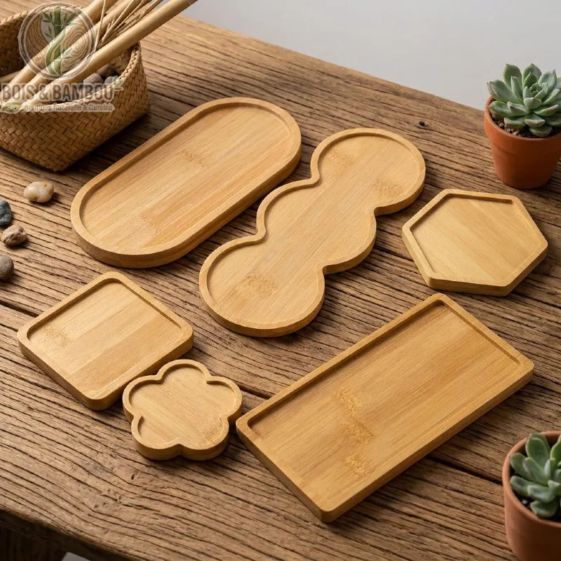 Plateau bambou naturel, lot de 7 formes assorties sur table avec plantes grasses - Bois Et Bambou Eco