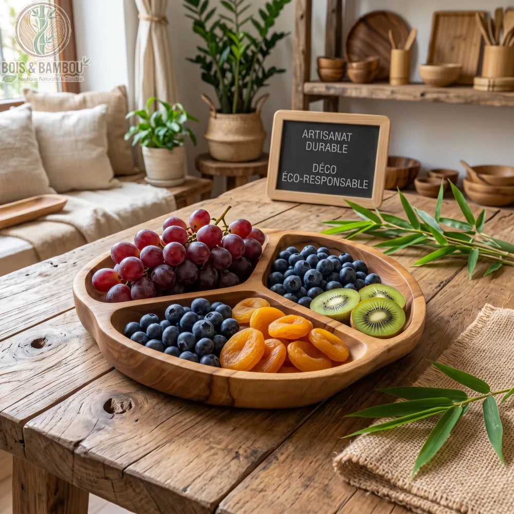 Plateau de fruits en teck massif 3 compartiments avec raisin, myrtilles et kiwi