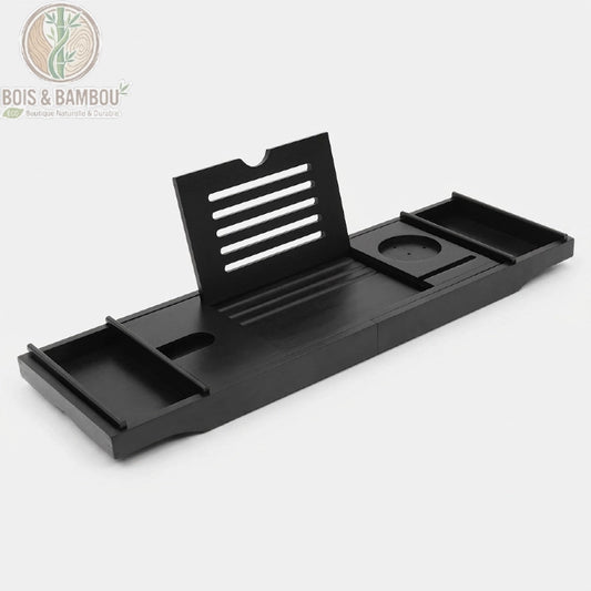Plateau de baignoire en bambou noir extensible, vue d'ensemble sur fond blanc, avec porte-livre, emplacement pour verre et rangements coulissants, Bois Et Bambou Eco.