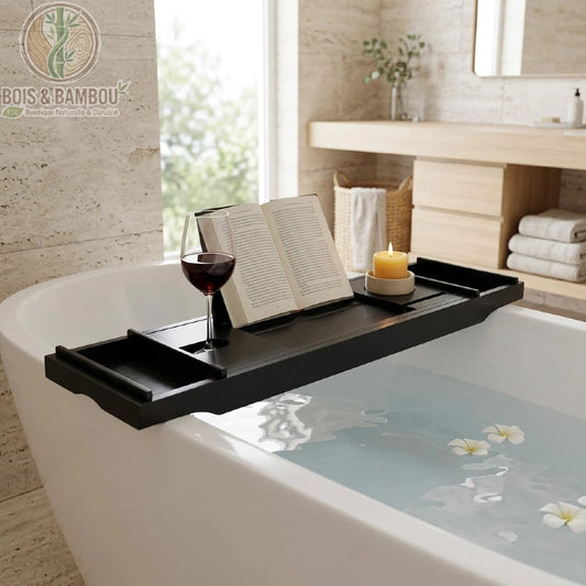 Plateau de baignoire en bambou noir posé sur une baignoire, avec verre de vin, livre ouvert et bougie allumée. Ambiance spa zen, murs en pierre claire et touches de bois naturel, Bois Et Bambou Eco.