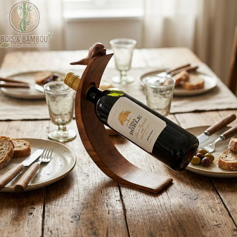 Porte-bouteille en équilibre en bois brun sculpté dauphin, bouteille de vin sur table Bois Et Bambou Eco