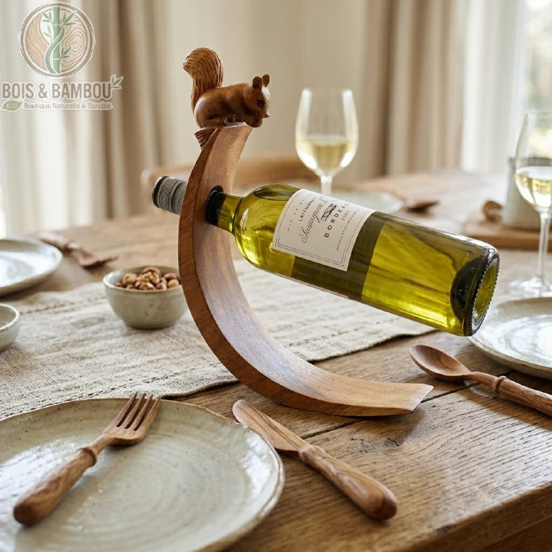 Porte-bouteille en équilibre en bois brun sculpté écureuil, bouteille de vin sur table Bois Et Bambou Eco