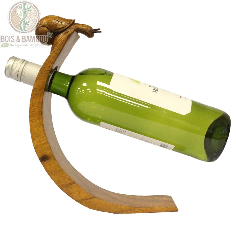 Porte-bouteille en équilibre bois brun sculpté escargot, bouteille de vin vue de profil Bois Et Bambou Eco