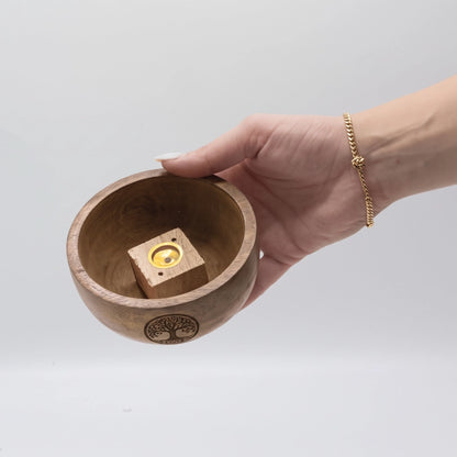 Porte-encens bol en bois de manguier tenu en main, socle amovible en bois et laiton