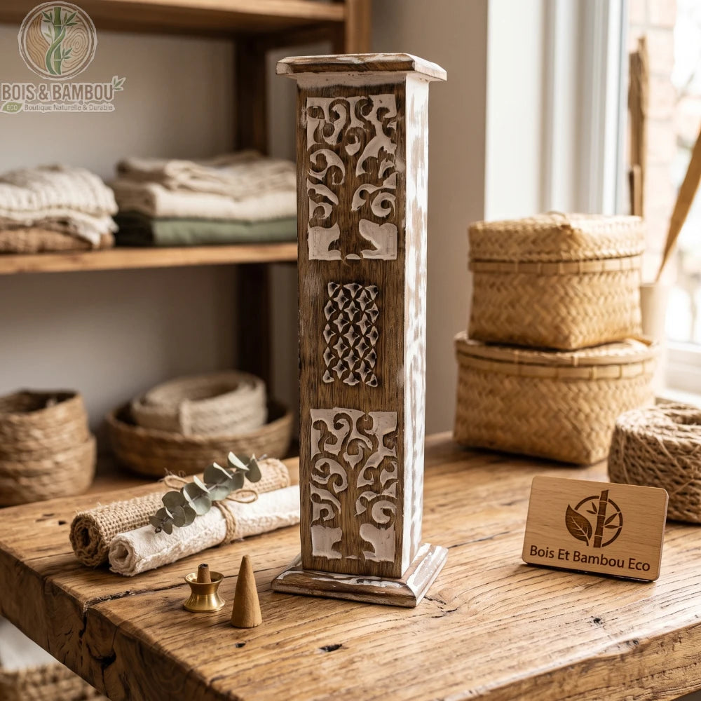Porte-encens tour en bois blanchi, motif arbre de vie sculpté, ambiance déco naturelle