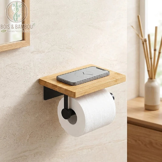 Porte-papier toilette en bambou avec tablette porte-téléphone, fixation murale sans perçage, Bois Et Bambou Eco
