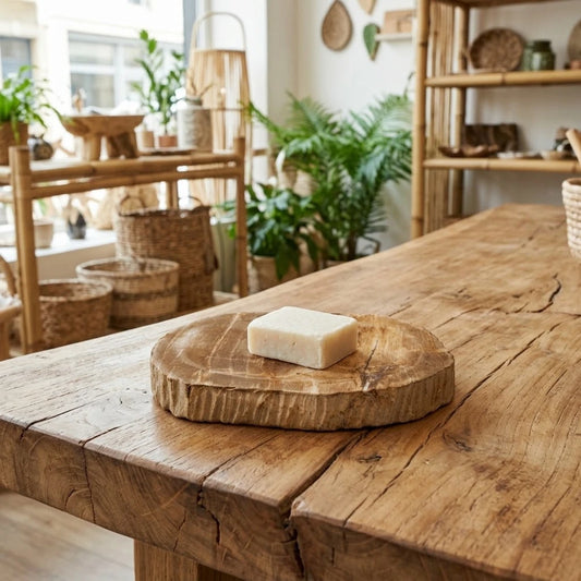Porte-savon en bois fossilisé brun avec savon, posé sur une table en bois, veines miel et bords bruts