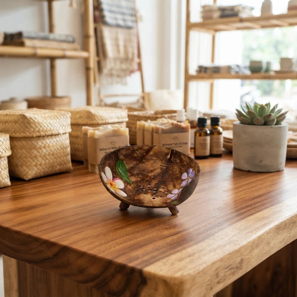 Porte-savon en noix de coco rond à fleurs peintes et fond percé, sur un comptoir en bois près de savons artisanaux
