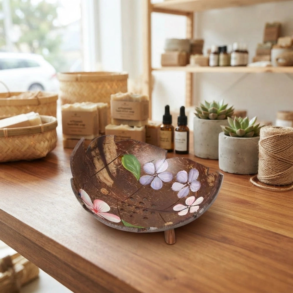 Porte-savon en noix de coco à bord découpé, fleurs mauves et rose peintes, posé sur petits pieds en bois