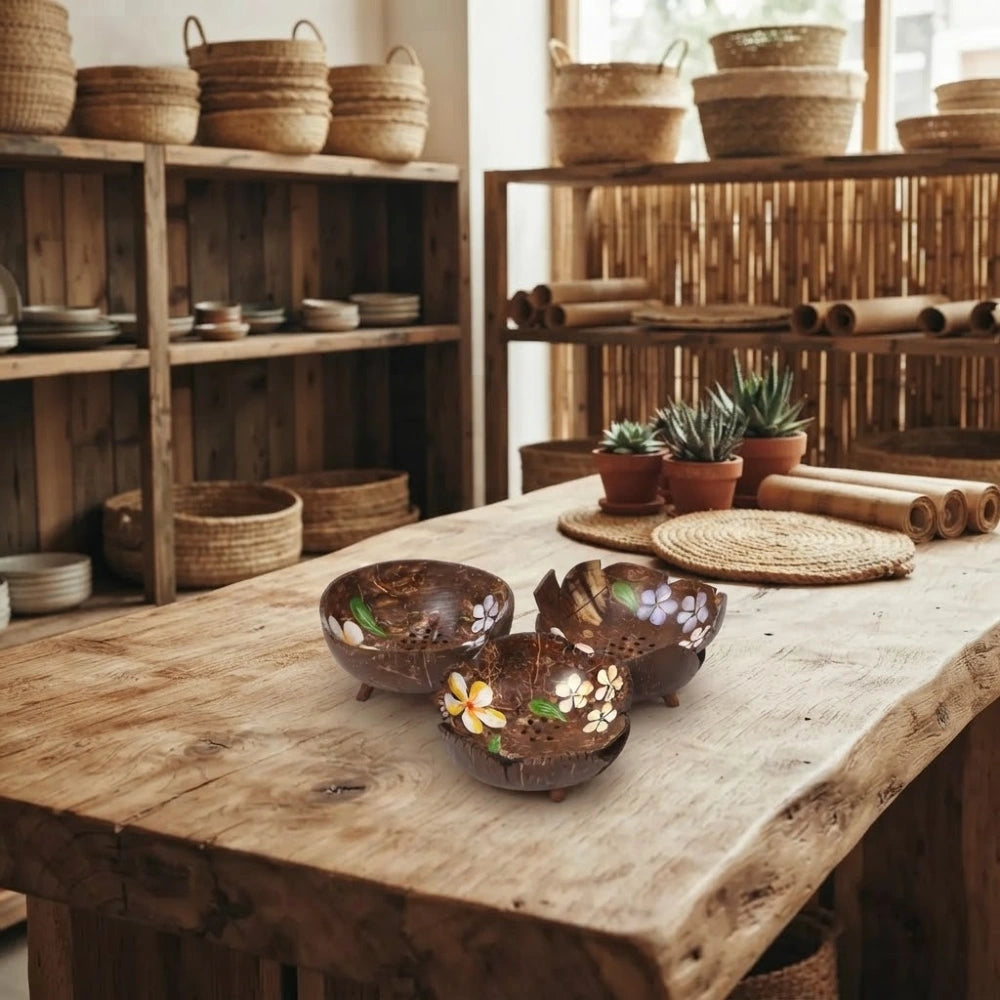 Trois porte-savons en noix de coco à fleurs peintes, posés sur une table en bois brut dans une boutique en bambou