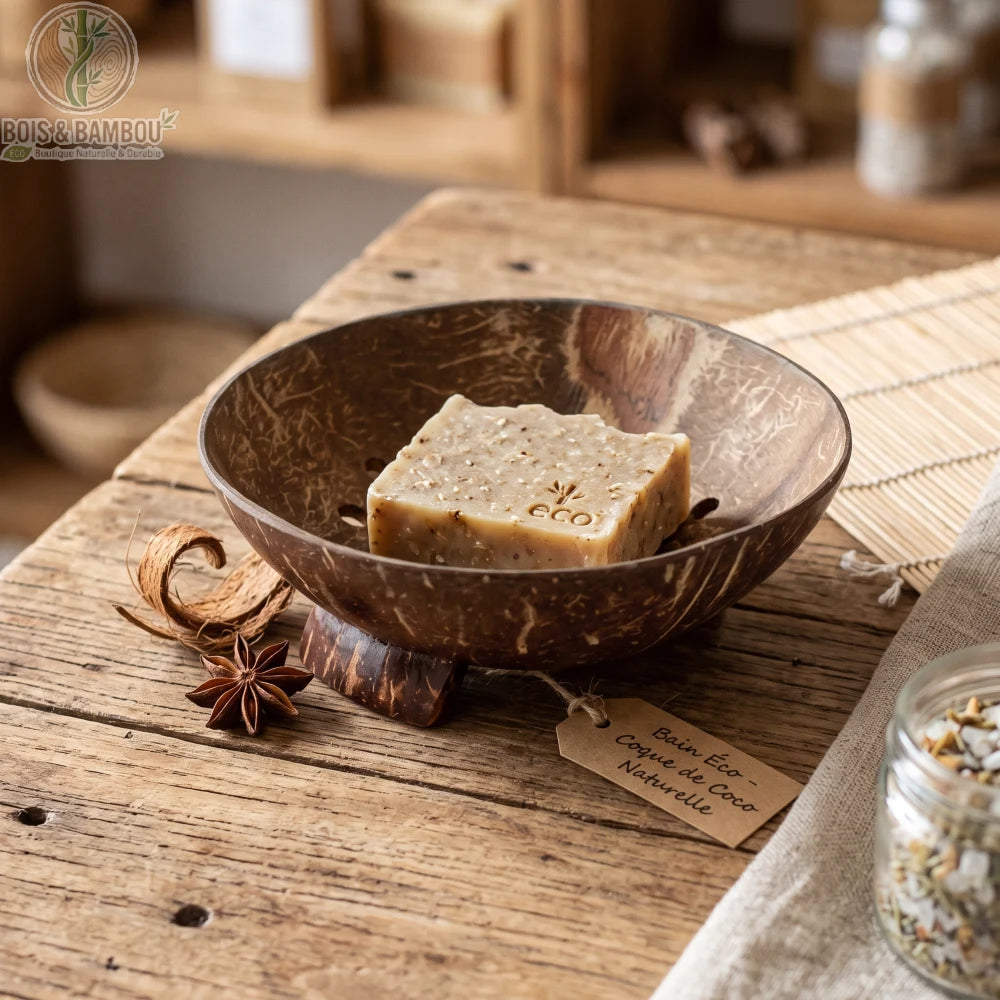 Porte-savon en noix de coco posé sur une table en bois avec un savon solide à l'intérieur