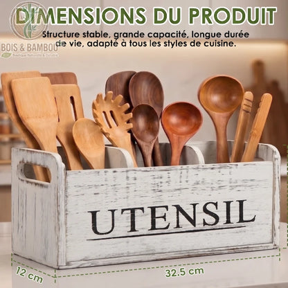 Porte ustensiles bois cuisine 3 compartiments blanc 32,5x12 cm avec spatules louches, dimensions produit, Bois et Bambou Eco