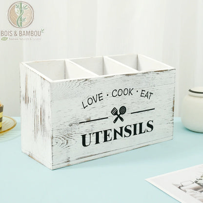 Porte ustensiles bois cuisine 3 compartiments blanc patine modele 2 grave UTENSILS, decor pastel, Bois et Bambou Eco