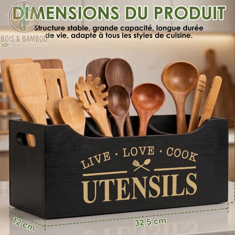 Porte ustensiles bois cuisine 3 compartiments noir 32,5x12 cm grave LIVE LOVE COOK UTENSILS, dimensions, Bois et Bambou Eco