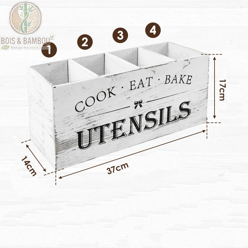 Porte ustensiles bois cuisine 4 compartiments blanc patine 37x14x17 cm style farmhouse, Bois et Bambou Eco