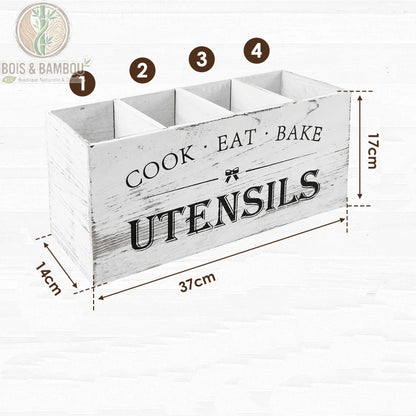Porte ustensiles bois cuisine 4 compartiments blanc patine 37x14x17 cm style farmhouse, Bois et Bambou Eco