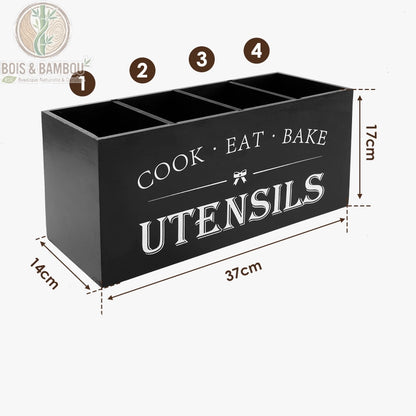 Porte ustensiles bois cuisine 4 compartiments noir mat 37x14x17 cm gravure LOVE COOK EAT, Bois et Bambou Eco