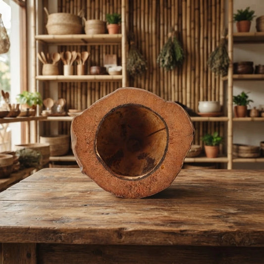 Ouverture du pot en noix de coco, bord fibreux orangé et coque intérieure brune, sur une table en bois