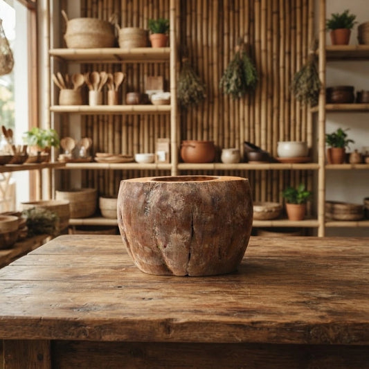 Pot en noix de coco taillé dans une coque entière, posé sur une table en bois brut dans une boutique en bambou