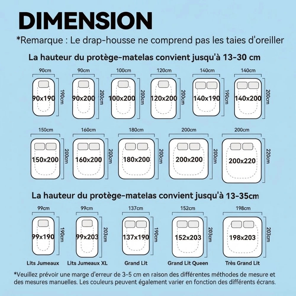 Tableau des dimensions du protège-matelas en bambou imperméable