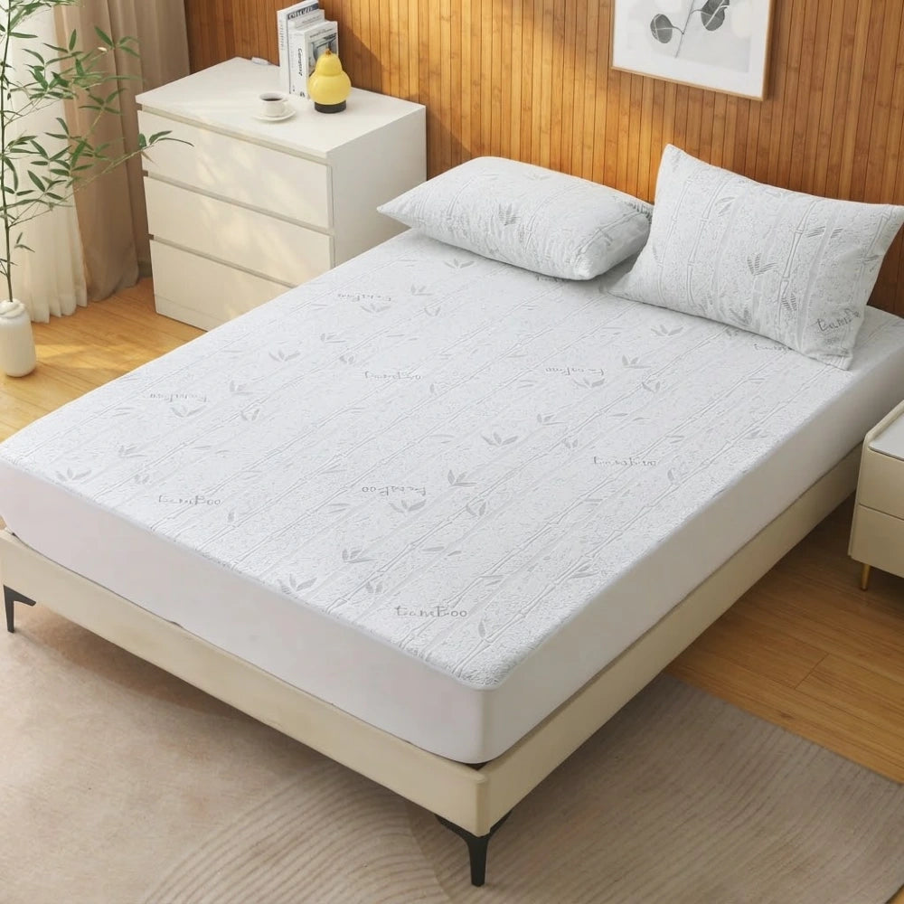 Protège-matelas en bambou respirant vert clair à motif de feuilles