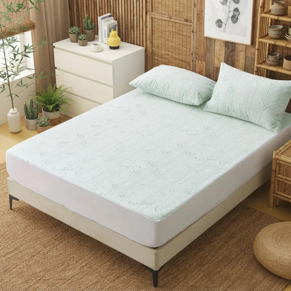 Protège-matelas en bambou respirant vert d'eau à motif de feuilles