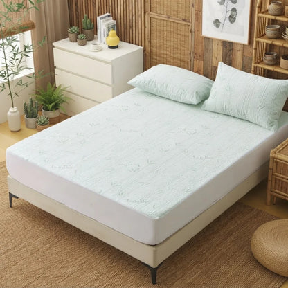 Protège-matelas en bambou respirant vert d'eau à motif de feuilles