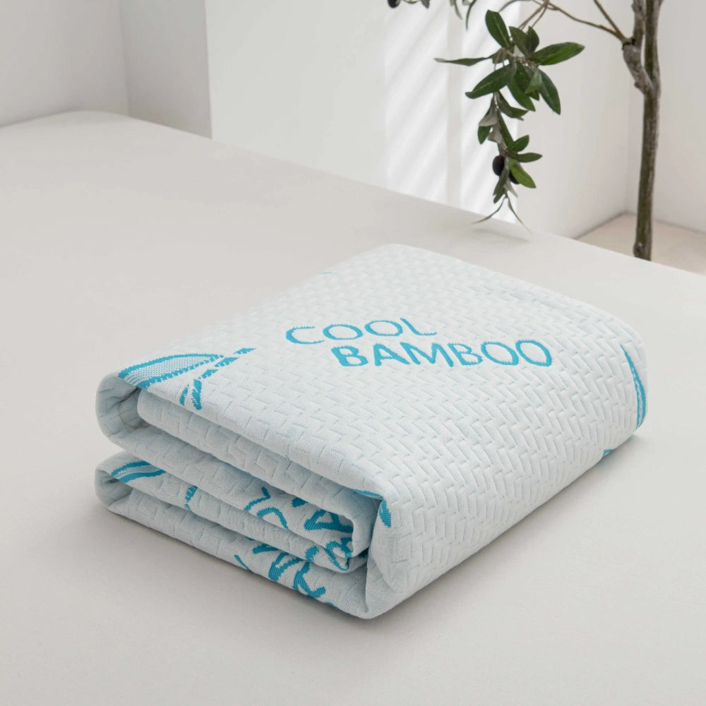 Protège-matelas en bambou plié, dessus jacquard à feuilles bleues