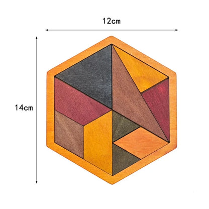 Tangram en bois hexagonal à grands triangles et trapèzes, cadre de 12 par 14 cm