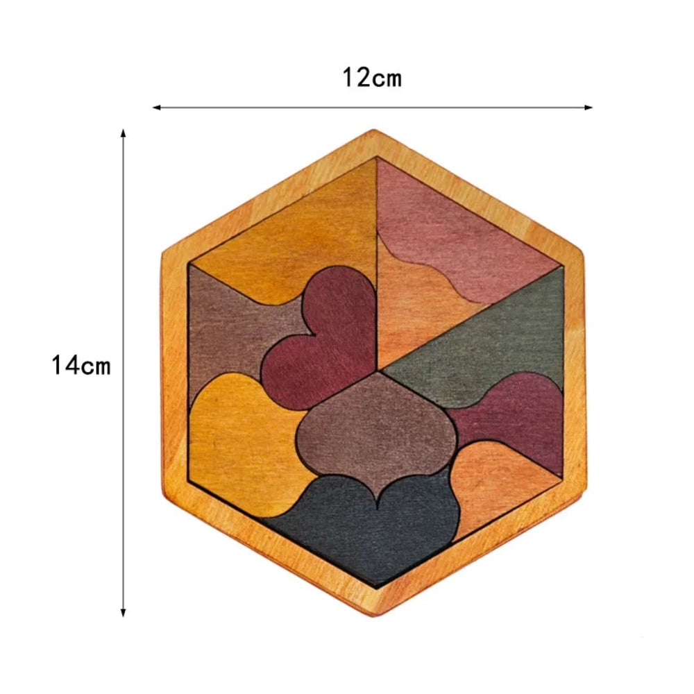 Tangram en bois hexagonal à pièces courbes en forme de cœur, cadre de 12 par 14 cm